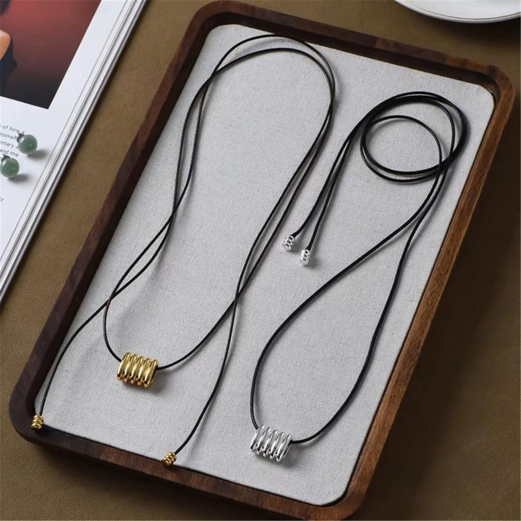 Tooxika Fashion Simple Square Circle Pattern Necklace Wax Rope Multi-Wear Long Collar Bone Sweater Chain