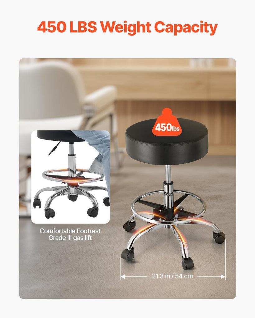 Round Rolling Stool Swivel Stool with Wheels & Footrest Height Adjustable