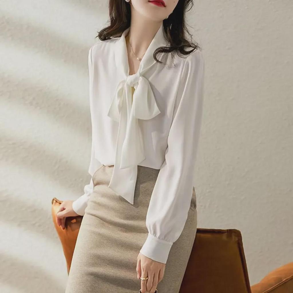 2025 Summer Korean-Style Long Sleeve Ribbon Bow Shirt for Women