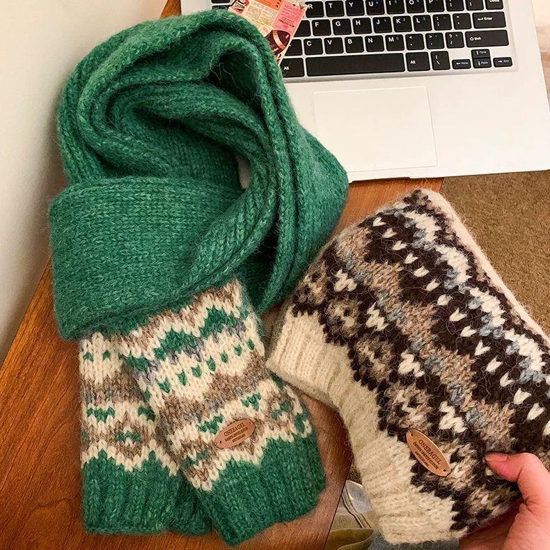 Зеленый вязаный шерстяной шарф в стиле Fair Isle, женский, зимний, рождественская атмосфера, утолщенный, универсальный, теплый, холодостойкий, грелка для шеи