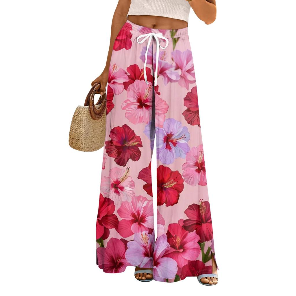 Женские свободные повседневные брюки с цветочным принтом и широкими штанинами, с эластичной талией на кулиске и карманами