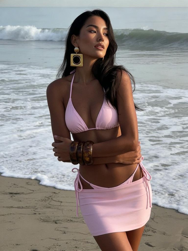 2026 Новый Весна/Лето Женский Розовый Купальник Бикини Треугольник Халтер Завязки по Бокам Мини-Юбка Накидка Купальник из 3 предметов Пляж Бассейн Отпуск K302