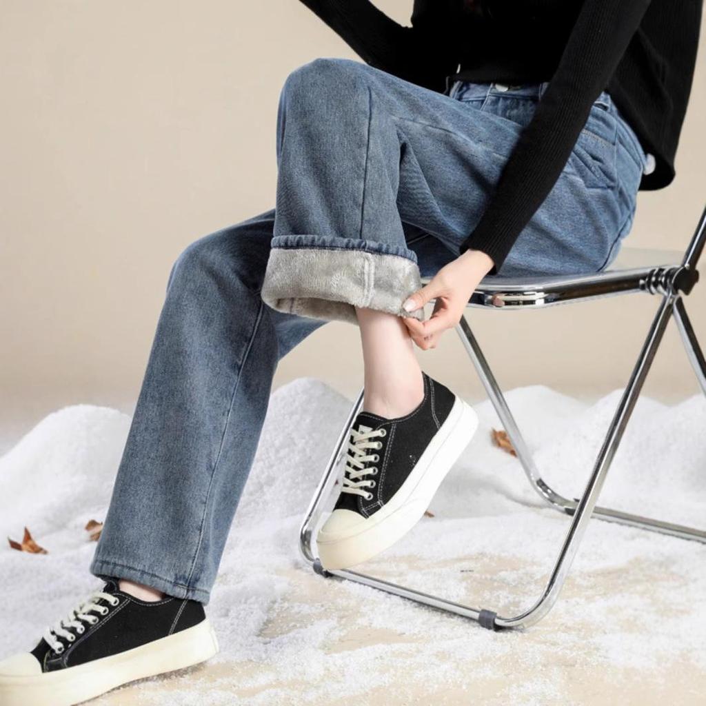 Женские джинсы с высокой талией на флисовой подкладке с широкими штанинами - Плотные, Свободные, Стройнящие, Прямые брюки длиной до пола