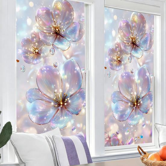 Flowers Window Privacy Film Stained Glass Tulip Butterfly Window Cling Static Glass Sticker for Home Kitchen Office