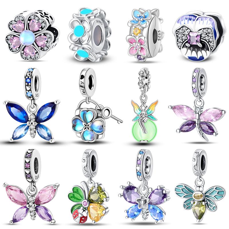 925 Silver Gem Butterfly Dragonfly Flowers Charms Pendant Fit Pandach 925 Bracelets DIY Little Fresh Jewelry