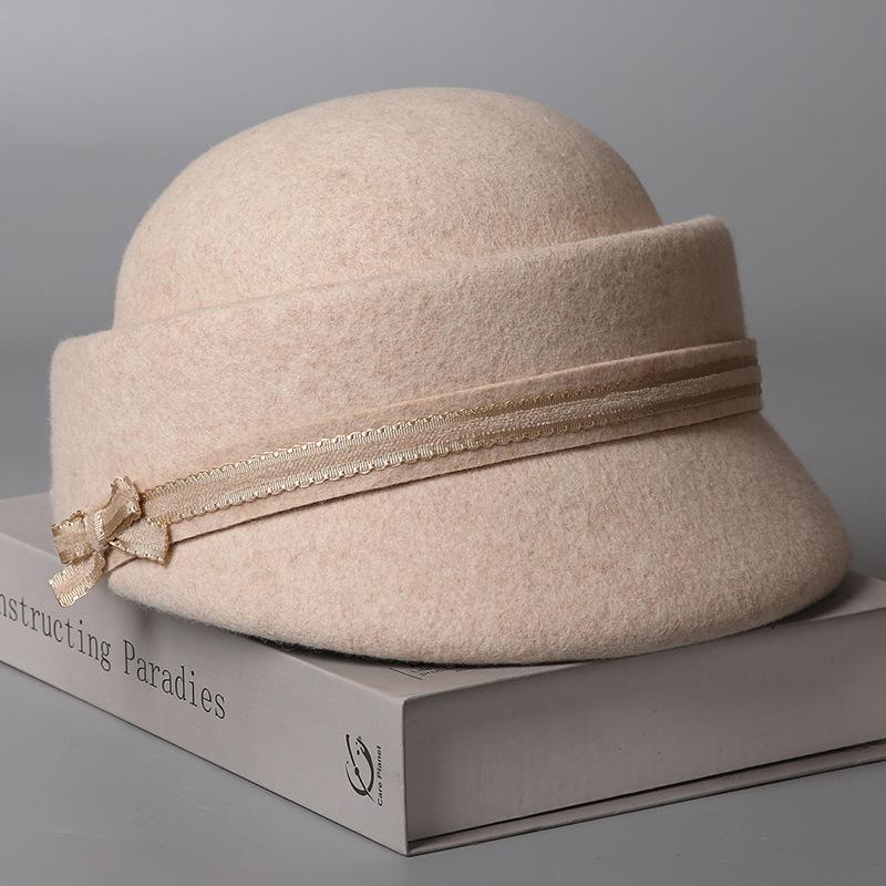 Bow lace webbing equestrian hat autumn and winter new Australian wool top hat warm small fragrant cap women