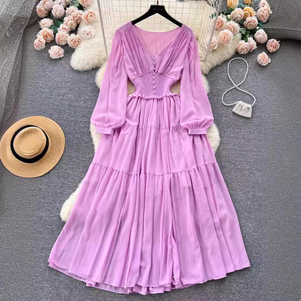 Винтажное шифоновое длинное платье Женское элегантное повседневное платье с V-образным вырезом и длинными рукавами Французское плиссированное тонкое длинное платье А-силуэта Vestidos