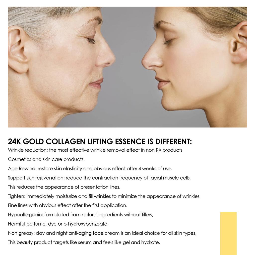 Подтягивающая эссенция с коллагеном и 24-каратным золотом осветляет, смягчает и подтягивает кожу, укрепляет и уменьшает морщины