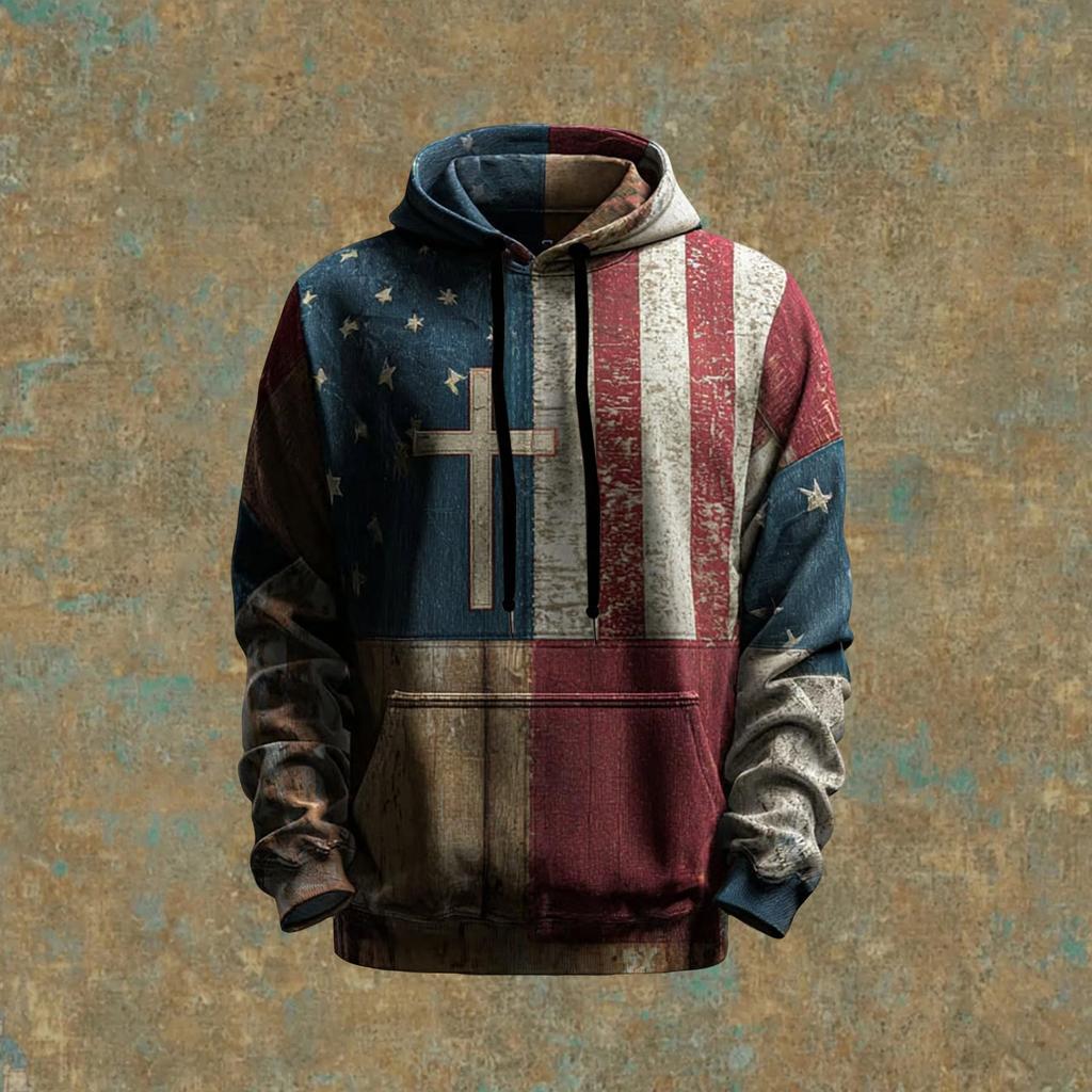 Мужское винтажное повседневное худи с крестом и американским флагом, патриотическая футболка
