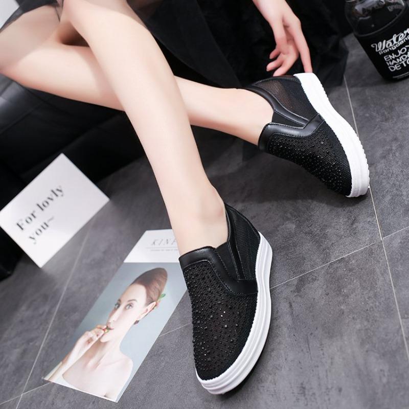 Модные кроссовки на платформе-клине из натуральной кожи, со стразами, слипоны, весна-осень, женские модные кроссовки