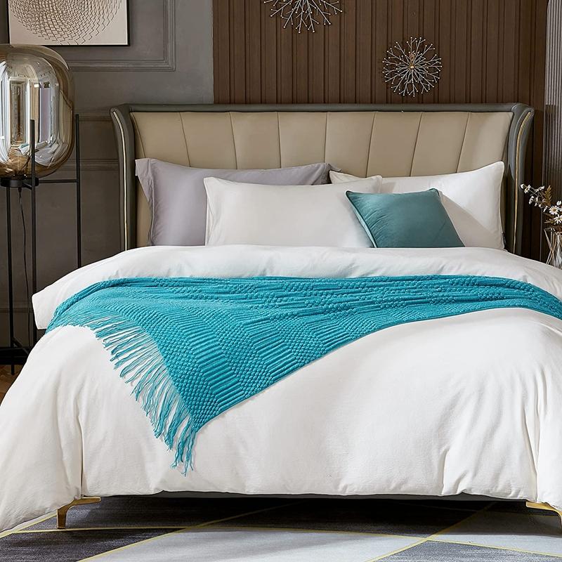 Lightweight Soft Cozy Throw Blanket with Tassels Teal Decorative Throws for Modern Farmhouse Living Room Bedroom Throw for Gifts