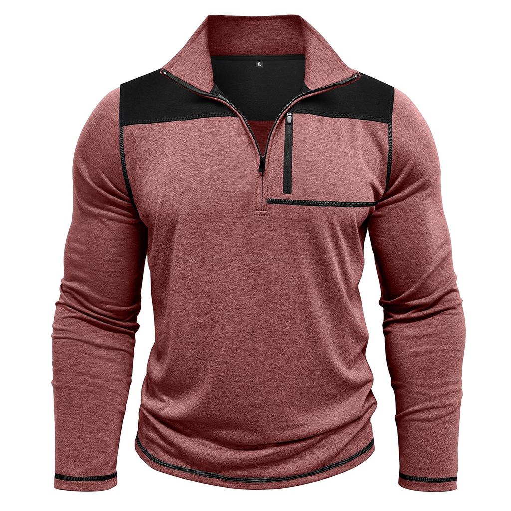Мужские топы с воротником-стойкой, длинными рукавами, футболки контрастных цветов, свитшоты с застежкой-молнией и нагрудным карманом, повседневная спортивная одежда на осень и весну