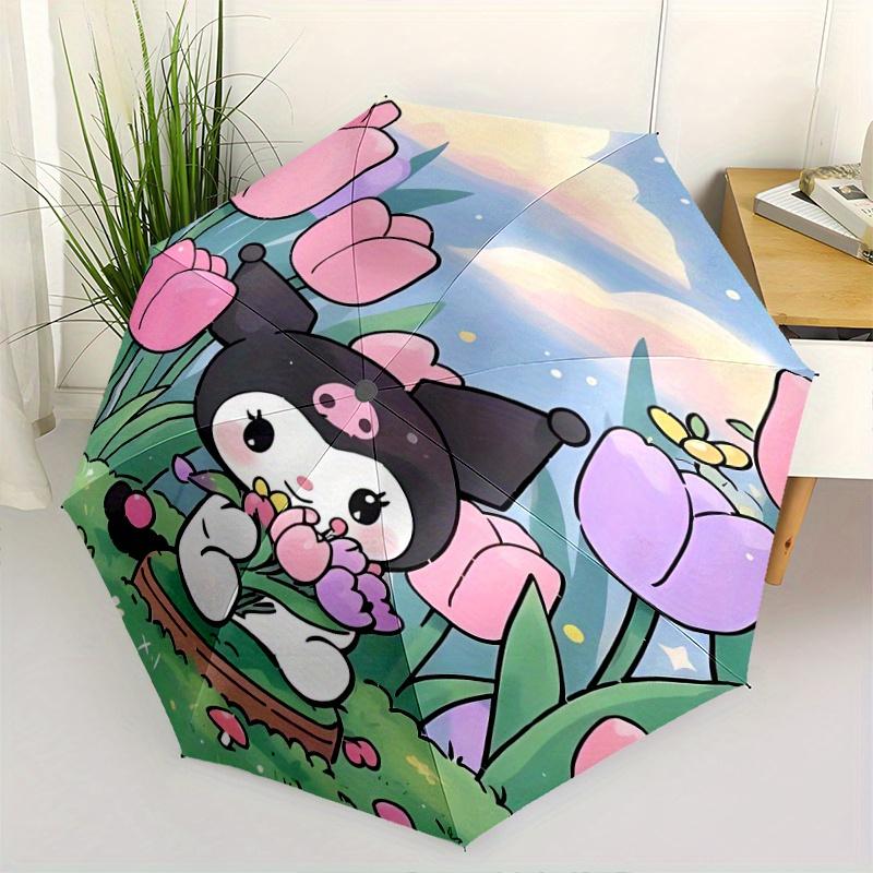 Flowers Kuromi Cartoon Umbrella, Portable 3-Fold Compact Umbrella, Suitable for Camping, Hiking and Travel, Ideal Easter Birthday Gift for Family and