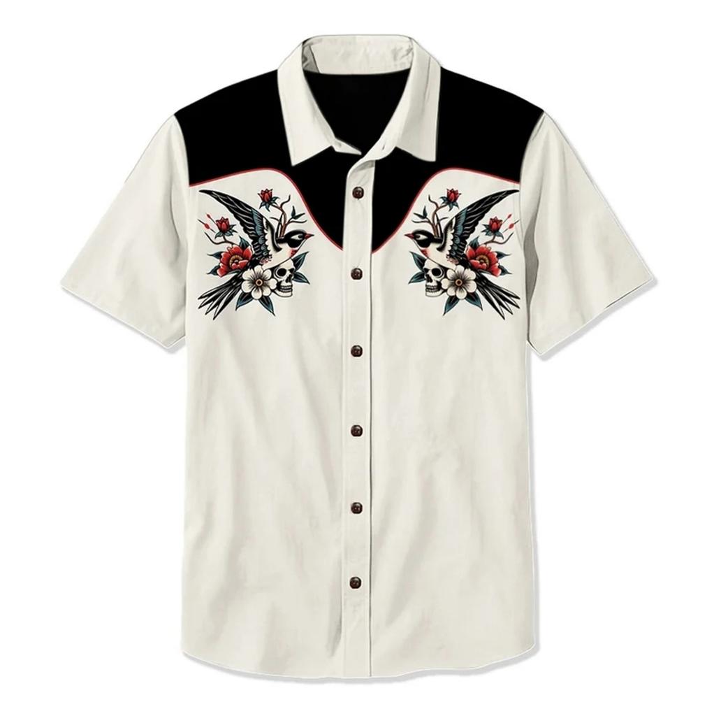 Летняя мужская рубашка в стиле вестерн с принтом в стиле отпуск, повседневная мужская рубашка с лацканами и короткими рукавами с 3D-принтом