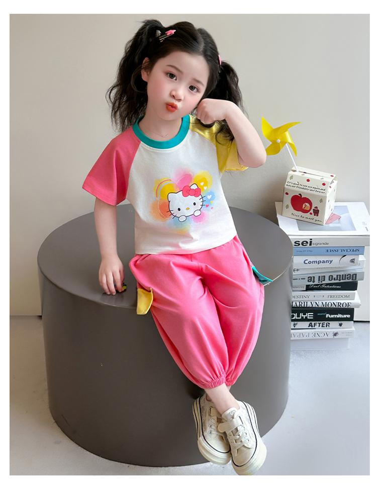 Girls' Summer Set 2026 New Fashionable Children's Short sleeved Girl Baby Summer Dress Cat Leisure Summer