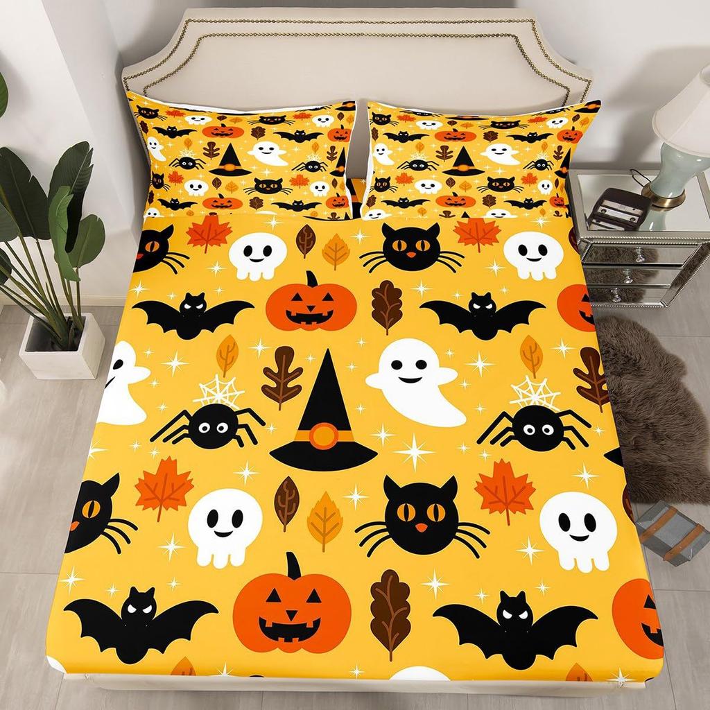 Halloween Pumpkin Ghost Bat Pattern Mattress Three-Piece Digital Printing Mattress Bedding Set
