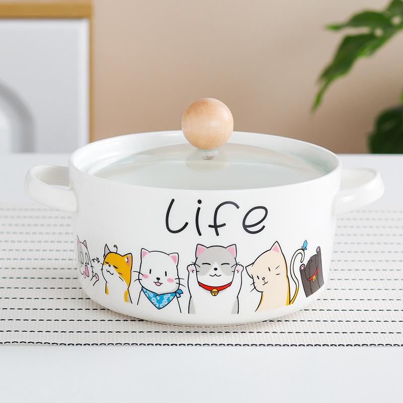 Креативная бинауральная керамическая миска для лапши быстрого приготовления с крышкой Большая суповая миска Домашний суповой таз Одинарная студенческая общежитская рисовая миска Салатник