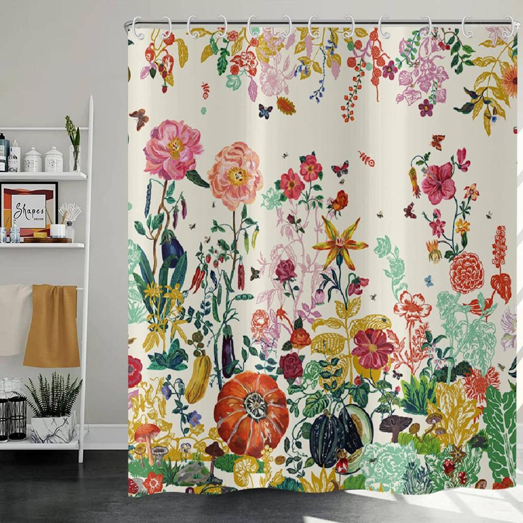 Bathroom Shower Curtain Set With Hook,Flower Garden By Gustav Klimt,Home Art Paintings Pictures Curtain For Bathroom Accessories