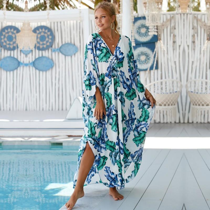 EDOLYNSA Red Tie-dye Printed Bikini Cover-up Swimsuit Robe Casual V-neck Side Slit Summer Beach Skirt Women's Beachwear Swimsuit Cover-up Q1297