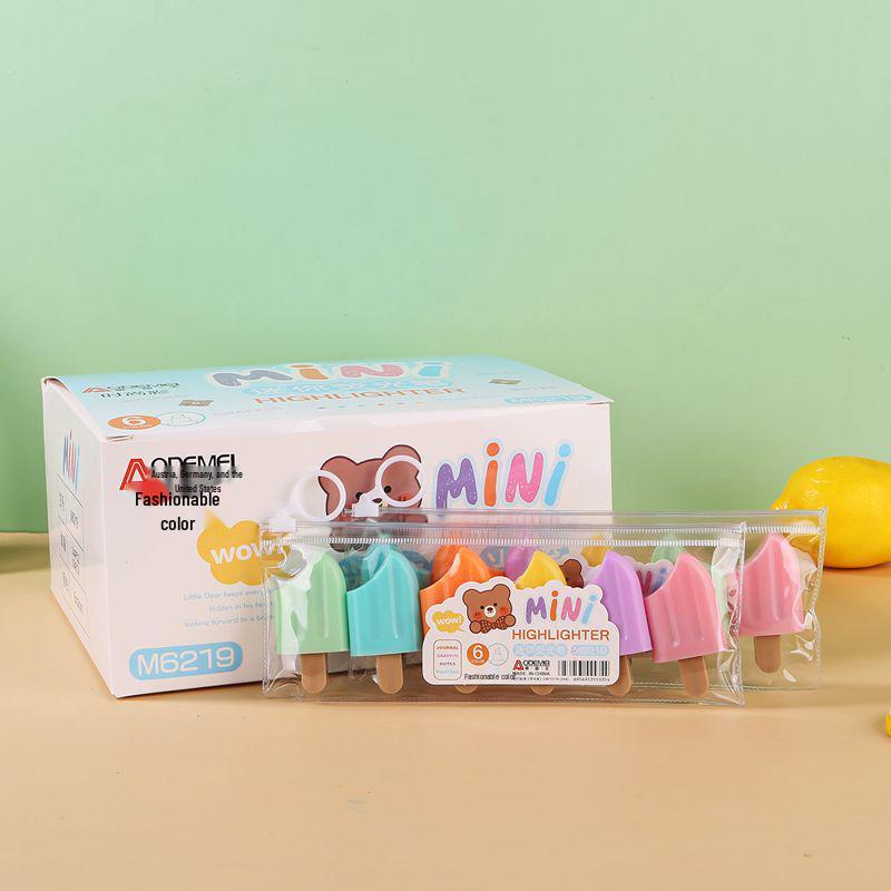Set of 6 Mini Fluorescent Pens - Cute Cartoon Design, Perfect for Elementary Students. Small, Portable, and Colorful Highlight Markers.