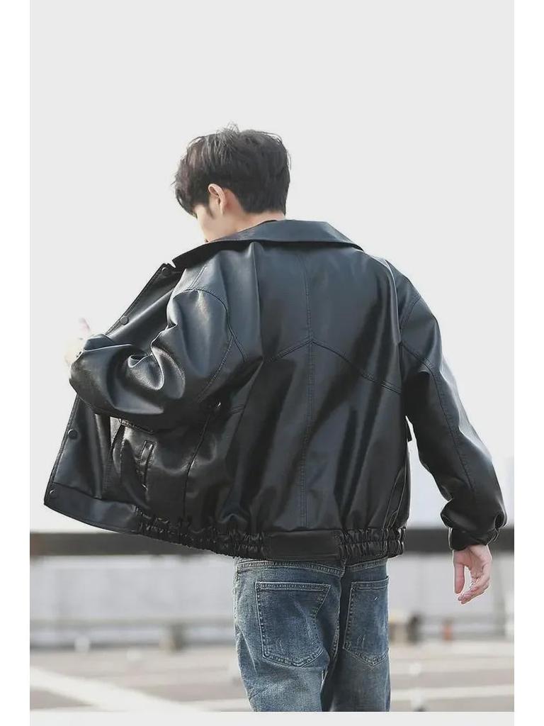 Мужская свободная кожаная мотоциклетная куртка в корейском стиле - пилотный дизайн для весны и осени