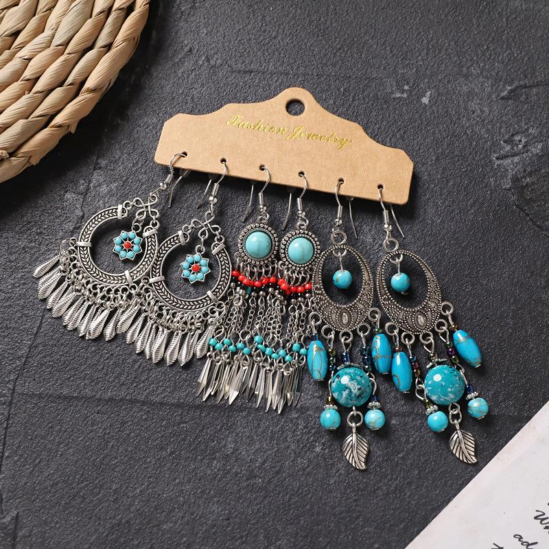 Set Earrings Retro Niche Long Fringed Bohemian Vacation Style Earrings Women's Earrings
