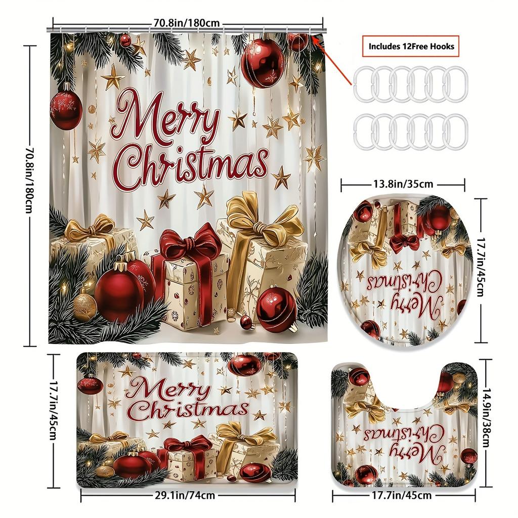 4Pcs Bathroom Shower Curtain SetMerry ChristmasPattern Bathroom Curtain With 12 Hooks Non Slip Rugs Toilet Cover Mat Bathroom Partition