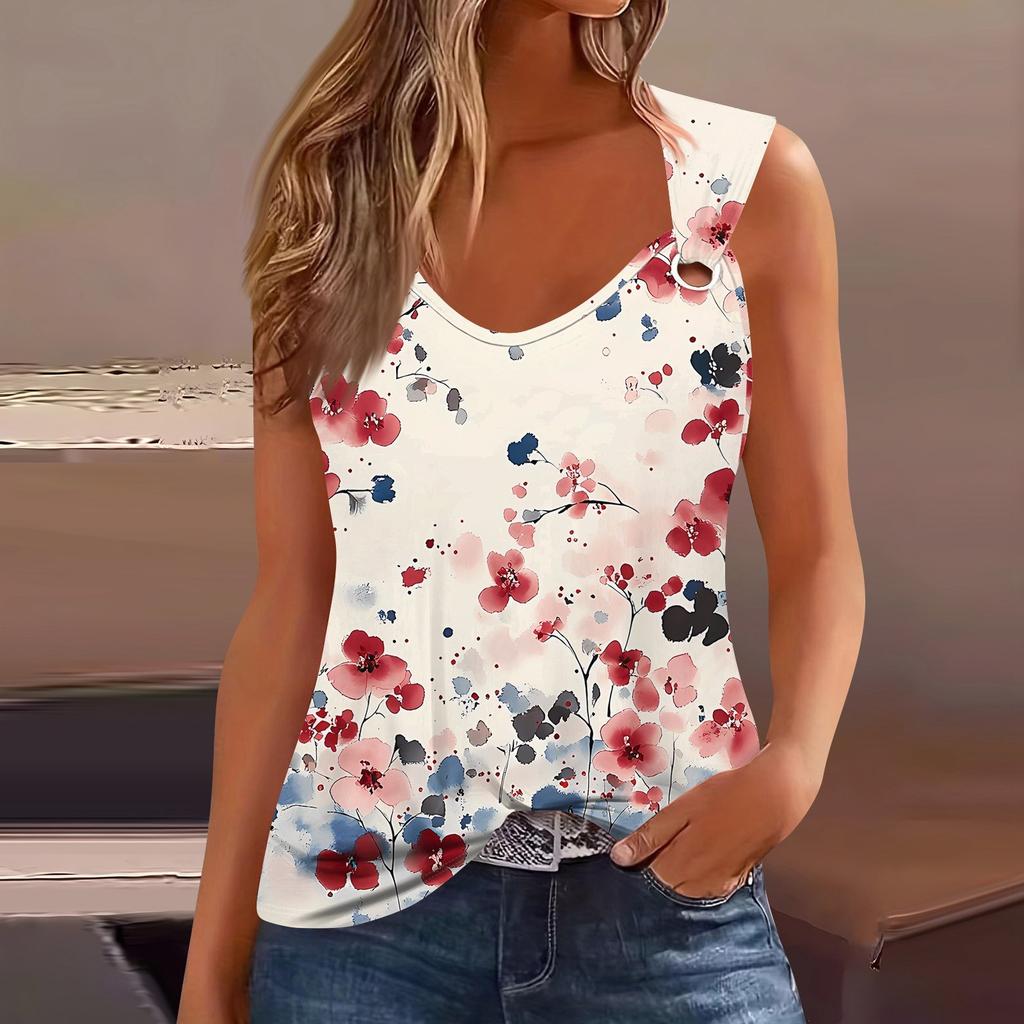 Womens Tank Top V Neck Basic Printed Casual Flowy Sleeveless Deep Side Cut Tops For Women