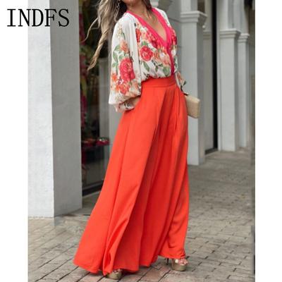 INDFS Женская Мода Повседневный Весна Осень Цветочный Принт Блузки и Рубашки с Длинным Рукавом и V-образным Вырезом Брюки Костюмы
