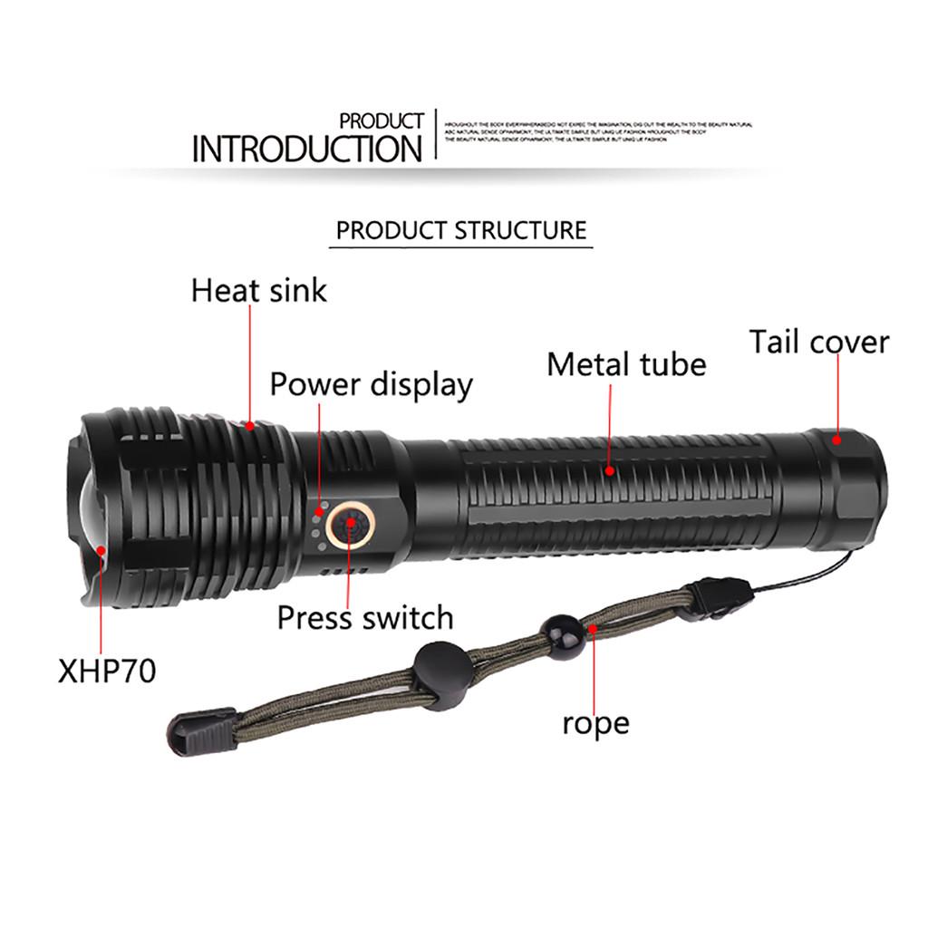 XHP70 Мощный светодиодный фонарик с зарядкой через USB и водонепроницаемым дисплеем для зарядки