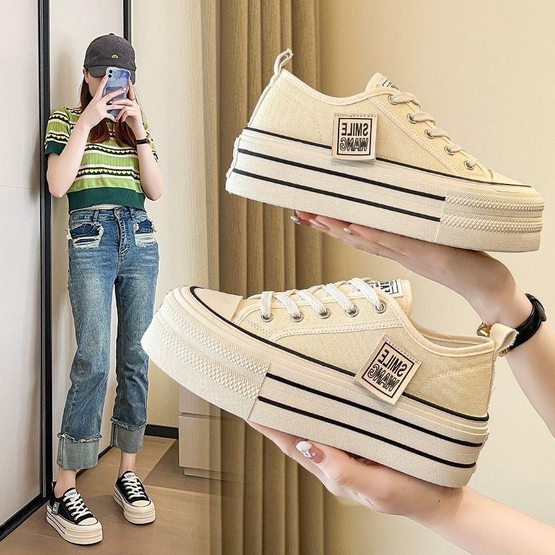 Platform Canvas Shoes Women's 2025 Spring and Summer New Korean Version Small Height Increase Lace-up Low-top Board Shoes Popular White Shoes