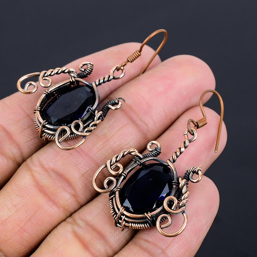 Серьги с синими сапфирами, Серьги с драгоценными камнями ручной работы, Серьги, обернутые медной проволокой 999 пробы, Антикварные украшения, Для подарка на помолвку