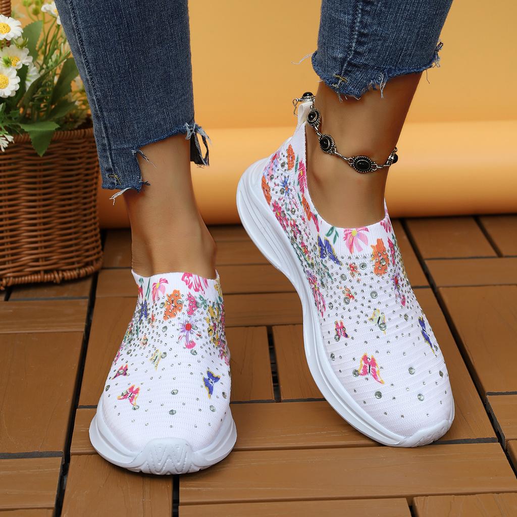 Fashion Flower Print Knitted Sneakers Women Shiny Crystal Breathable Walking Shoes Woman Plus Size 43 Casual Non-Slip Sock Shoes Ladies
