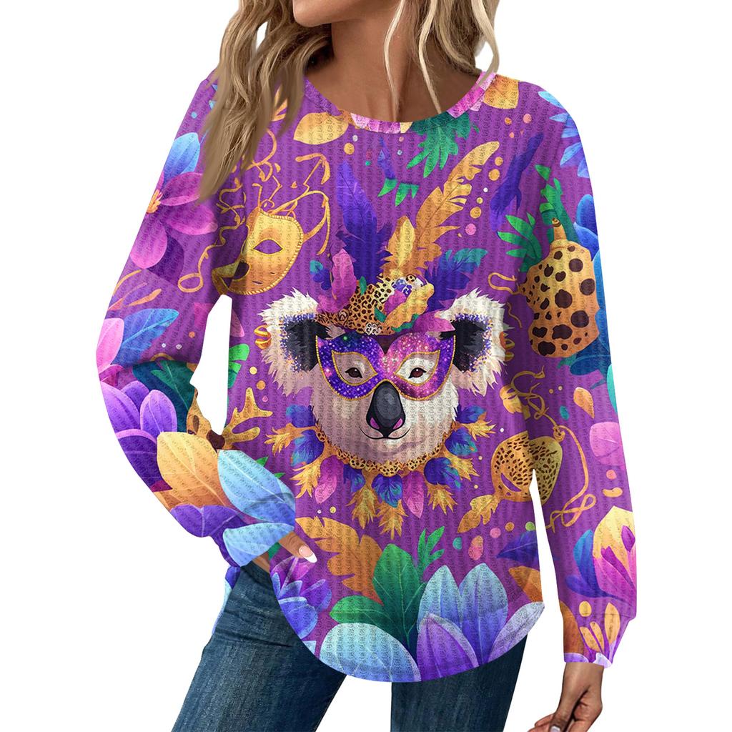 Women's Fashion  Loose Long Sleeve Carnival Print  Round Neck Casual Top
