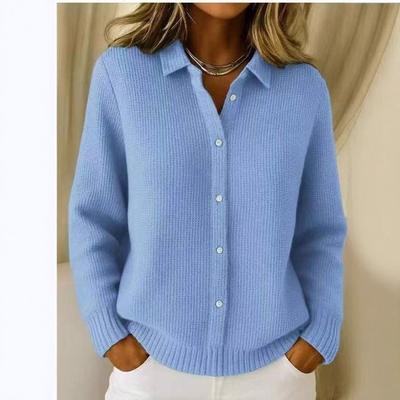 Женский однотонный повседневный модный вязаный кардиган-жакет с лацканами и длинными рукавами на пуговицах