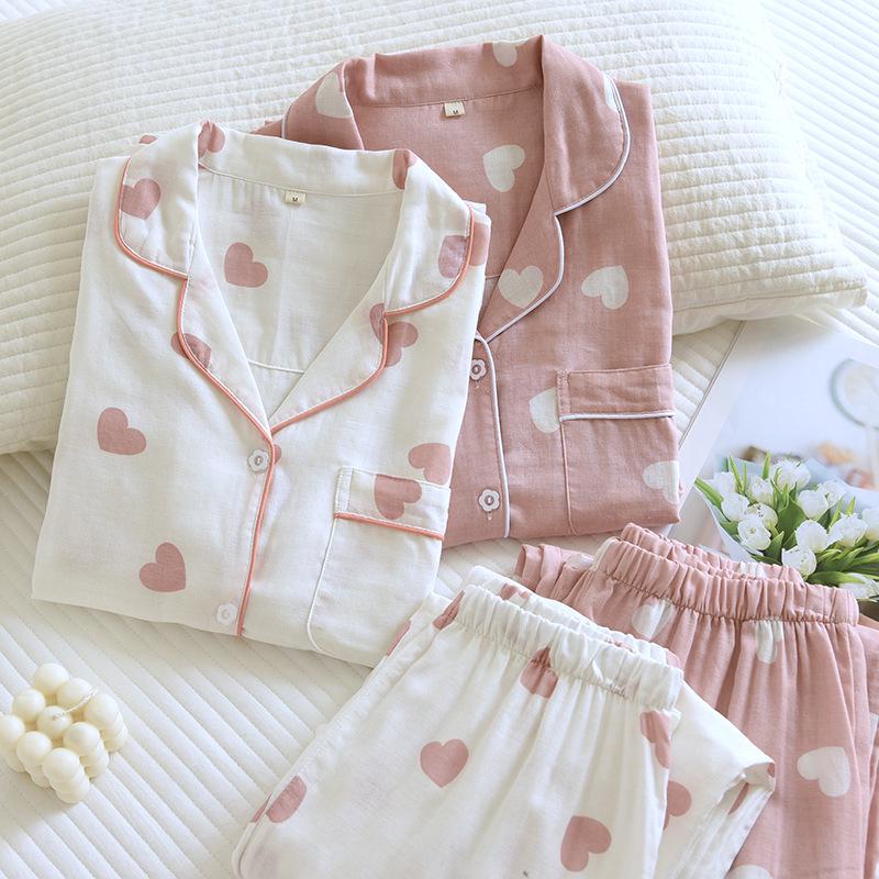 Women's Long Sleeve Cotton Pajamas - Heart Pattern, Double Layer Gauze, Sweet & Cozy Homewear Set for Spring/Autumn