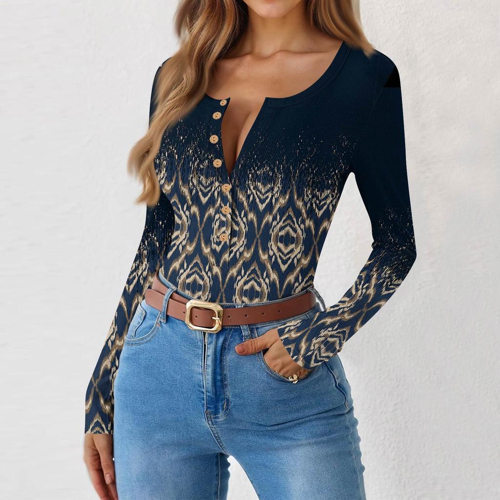 Women's Slim Bottom T-shirt Fashion Casual Gradient Printing Round Neck Pullover Long Sleeve Top