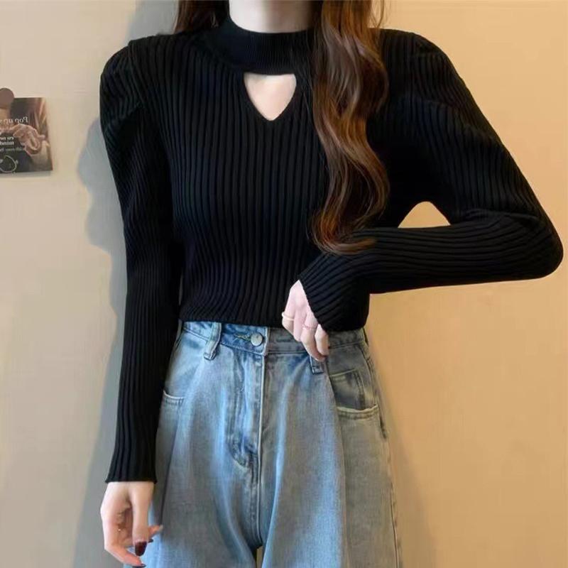 Полый свитер с круглым вырезом, вязаный модный приталенный топ для женщин