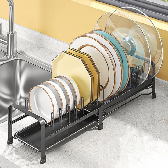 Pull Out Dish Storage Rack Carbon Steel Plate Drain Stand Holder Kitchen Drawer Organizer for Dishes Lids Cutting Boards