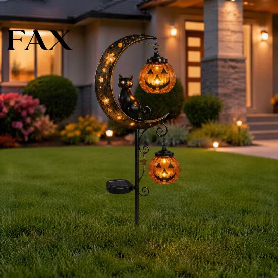 Decorative Metal Lawn Stakes for Fall Halloween Solar Garden Stake Light, Black Cat Pumpkin on Crescent Moon with Whimsical Outdoor Holiday