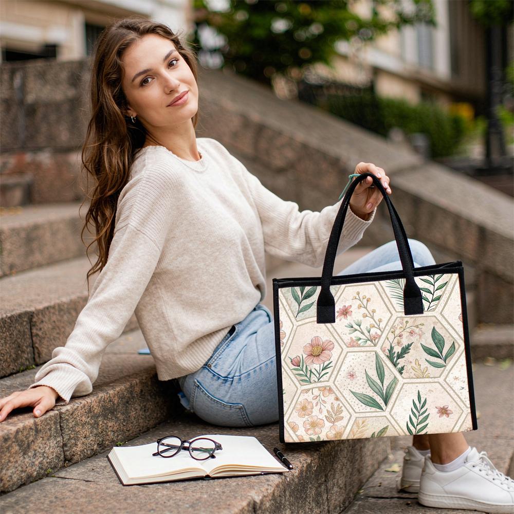 Elegant Floral Hexagon Pattern Tote Bag Portable Daily Use Casual Shoulder Handbag for Shopping Work Travel