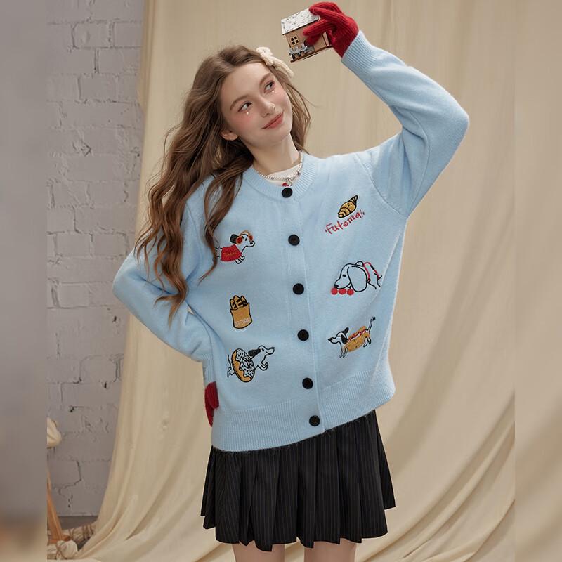 unifree Women's Dog Embroidery Knitted Cardigan