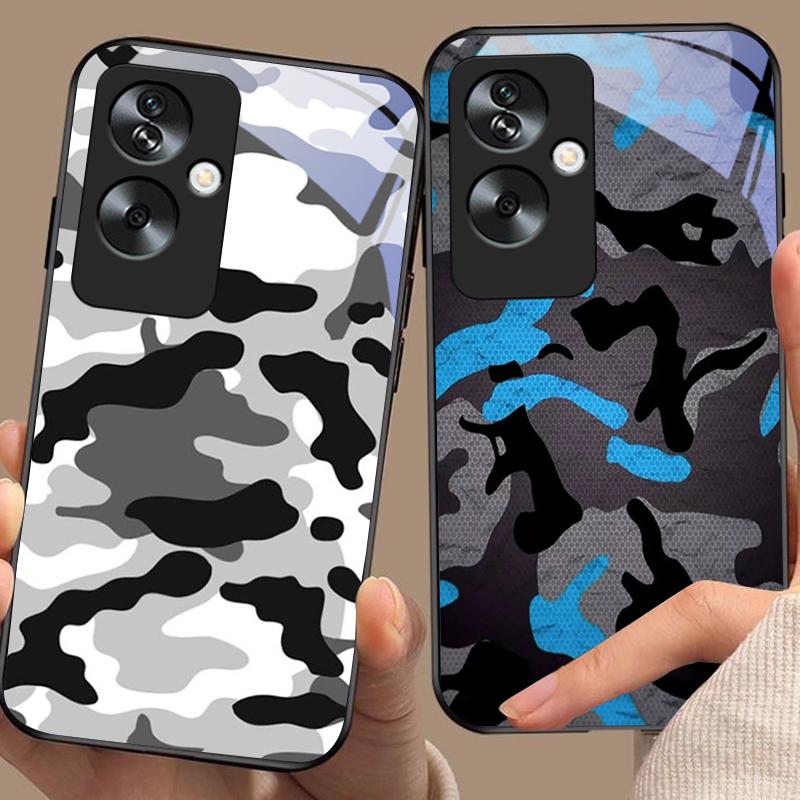 Камуфляжный синий для Oppo A79 5G 58 78 74 60 4G Reno 11F Realme GT 6 11 Note 50 10 C55 X2 Закаленное стекло Черный чехол для телефона