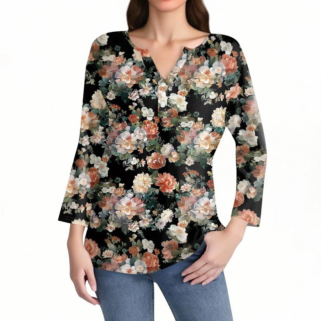 Жен. Футболка С принтом Пуговицы Рукав 3/4 Повседневные Выходные Мода Классический Классический V-образный вырез Обычный Верх