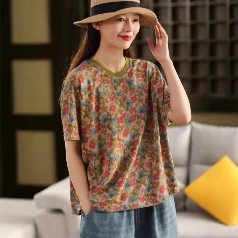 Johnature Women Print Floral T-Shirts O-Neck Short Sleeve Soft Summer Loose Casual T-Shirts