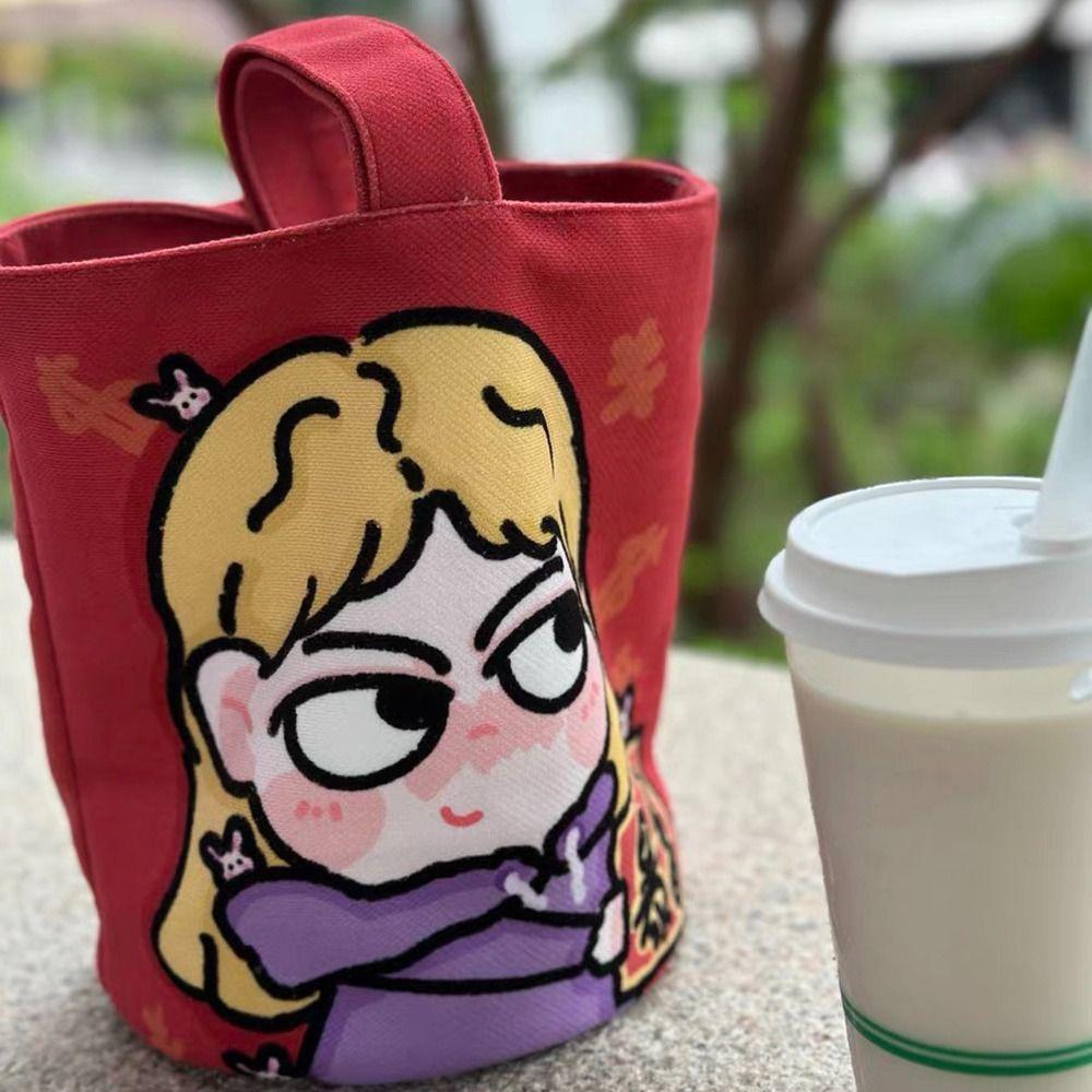 Lovely Girl Canvas Cartoon Bucket Handbag Letter Cartoon Lunch Bag Sweet Letter Tote Bag Outdoor