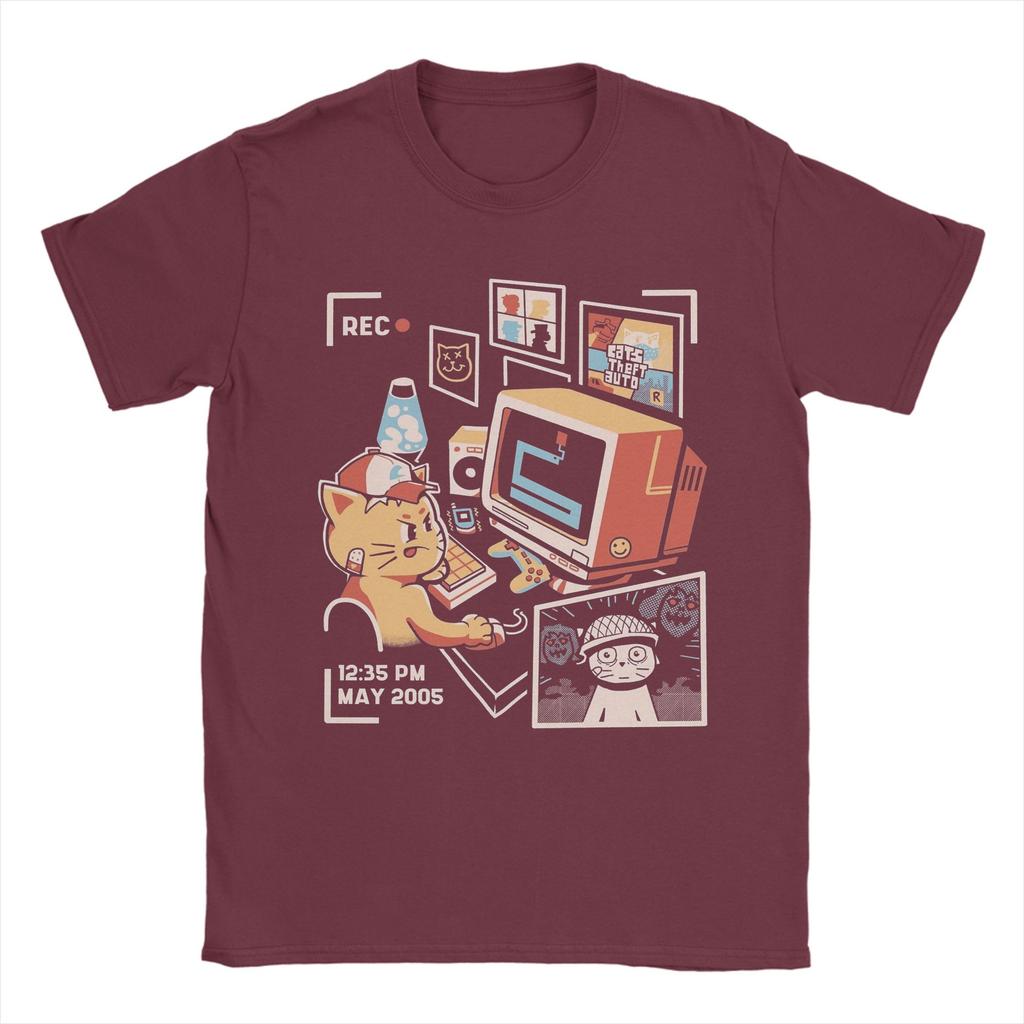 Cat Playing Computer Games T Shirt Men's 100% Cotton Funny T-Shirts Crew Neck Tees Short Sleeve Clothing Plus Size