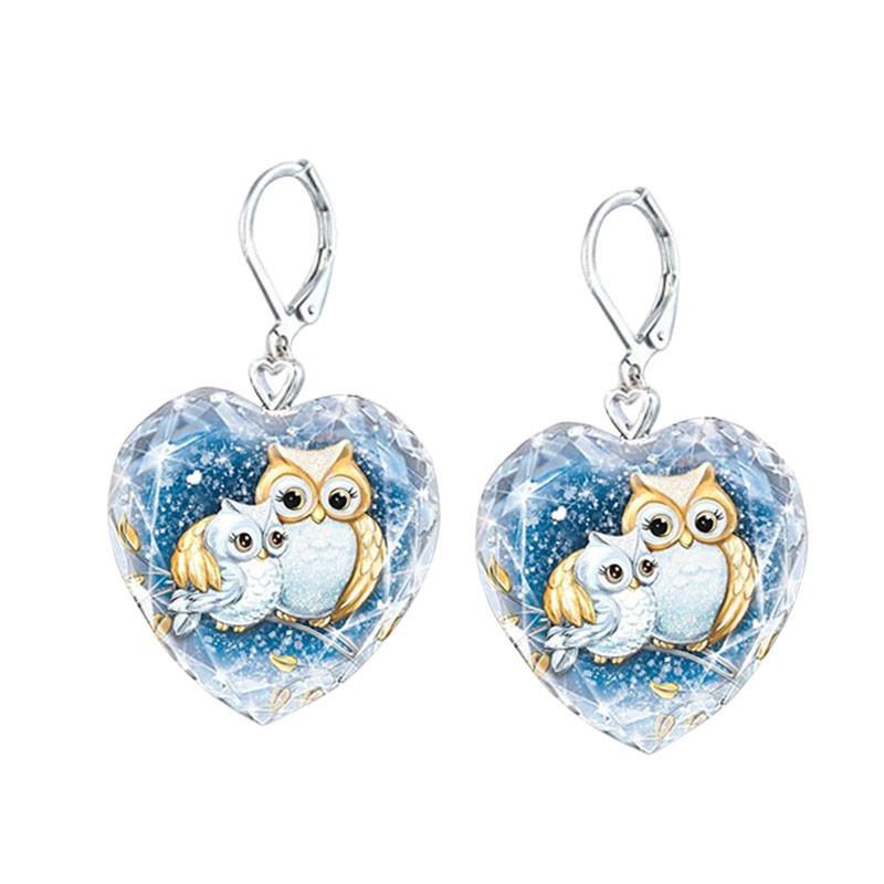 Creative Heart-shaped Glass Mother And Child Owl Drop Earrings For Women
