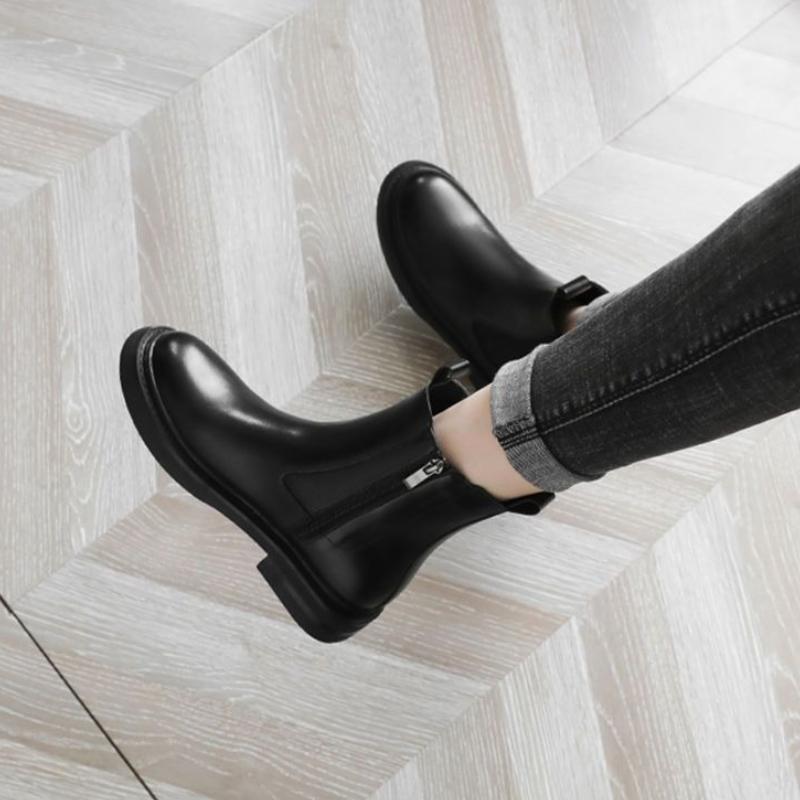 Модные Элегантные на Низком Каблуке Кожаные Теплые Женские Короткие Туфли Круглый Носок Женские Ботильоны Осенне-Зимние Ботильоны Высокого Качества 39 Ботинок