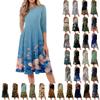 Women's Casual Fashion Round Neck Three-quarter Sleeve Floral Print Midi Dress